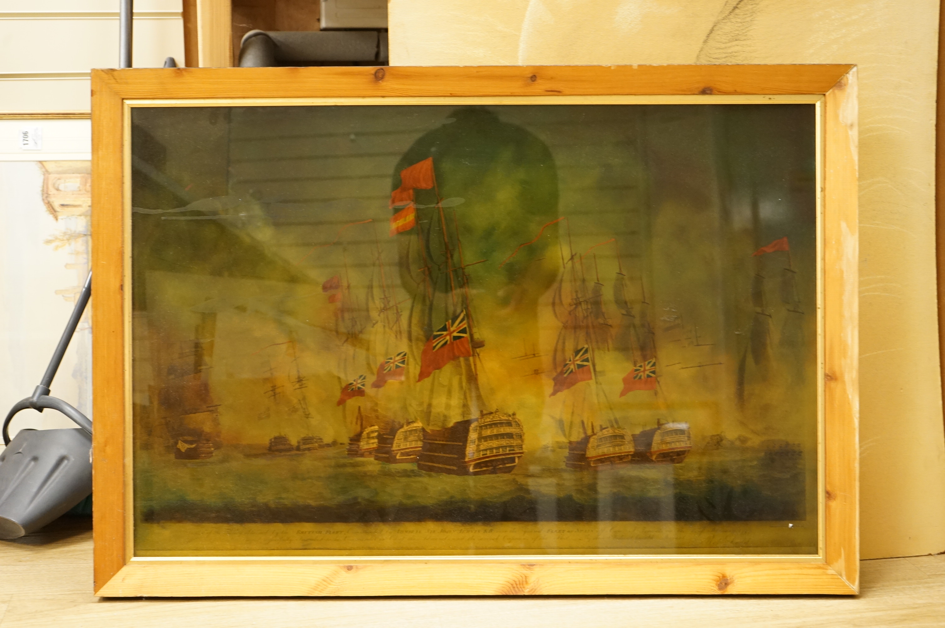 Robert Dodd (1748-1815), ‘The British Fleet, Action off the Cape St. Vincent’, reverse glass painted print, 58 x 88cm